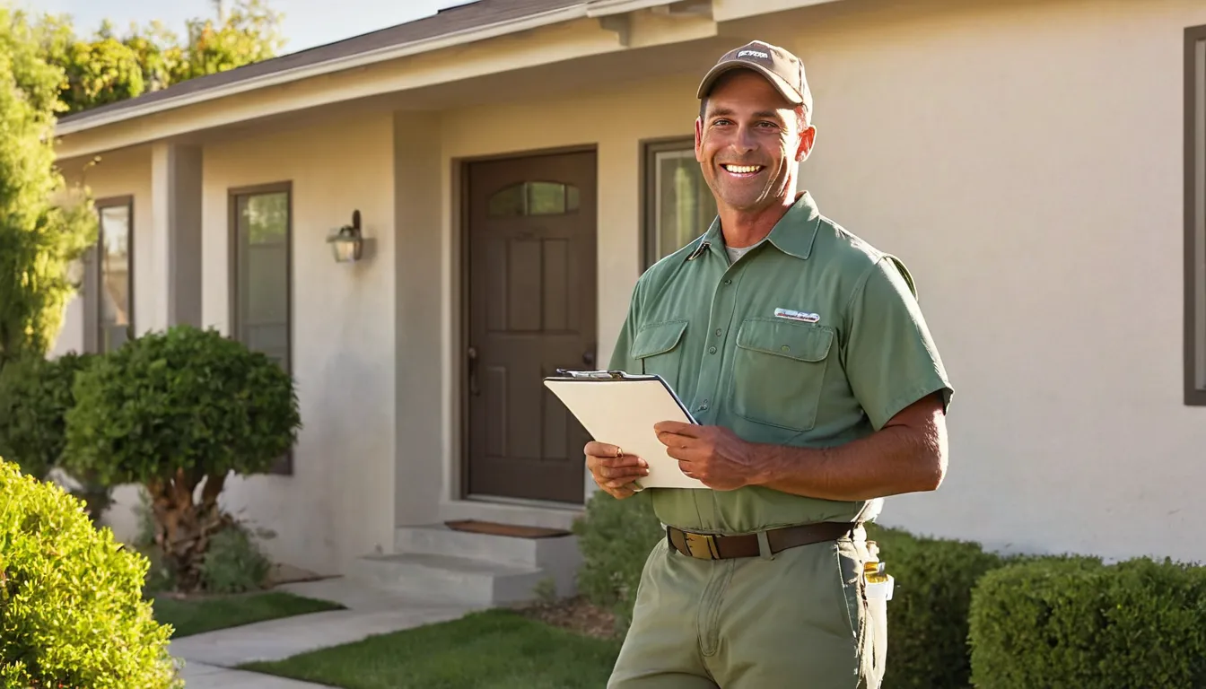 Friendly pest control provider talking with a homeowner at a stucco ranch home in American Canyon