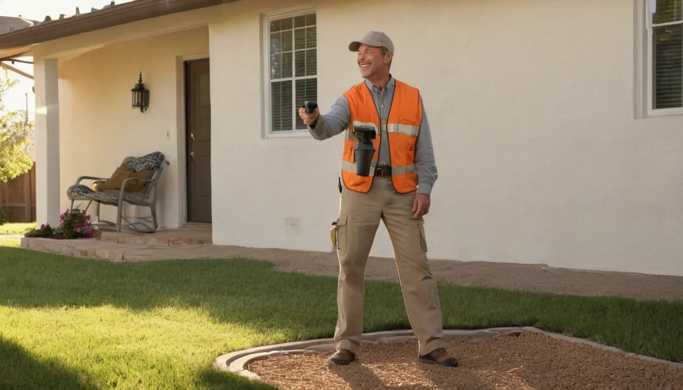 A friendly termite inspector checking a stucco home's foundation with a homeowner in American Canyon
